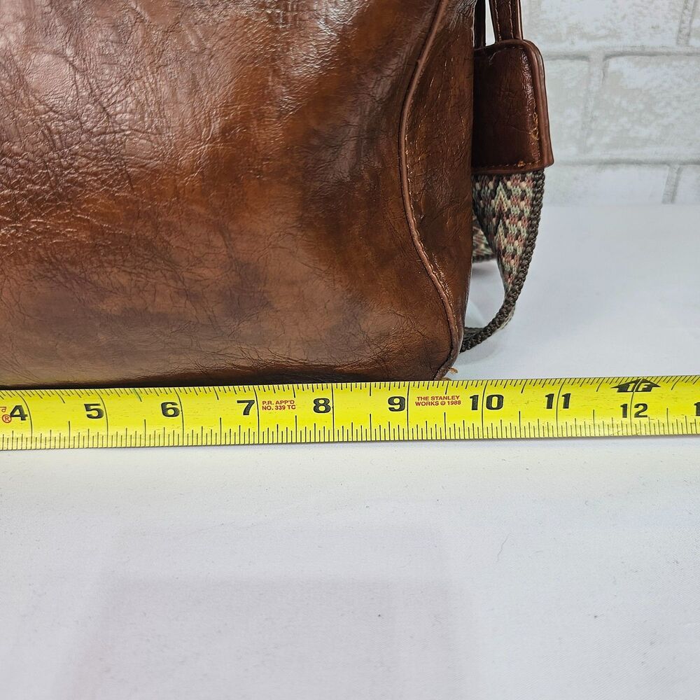 Vintage Brown Faux Leather Crossbody Bag Boho Western Wide Strap Purse - Picture 11 of 12